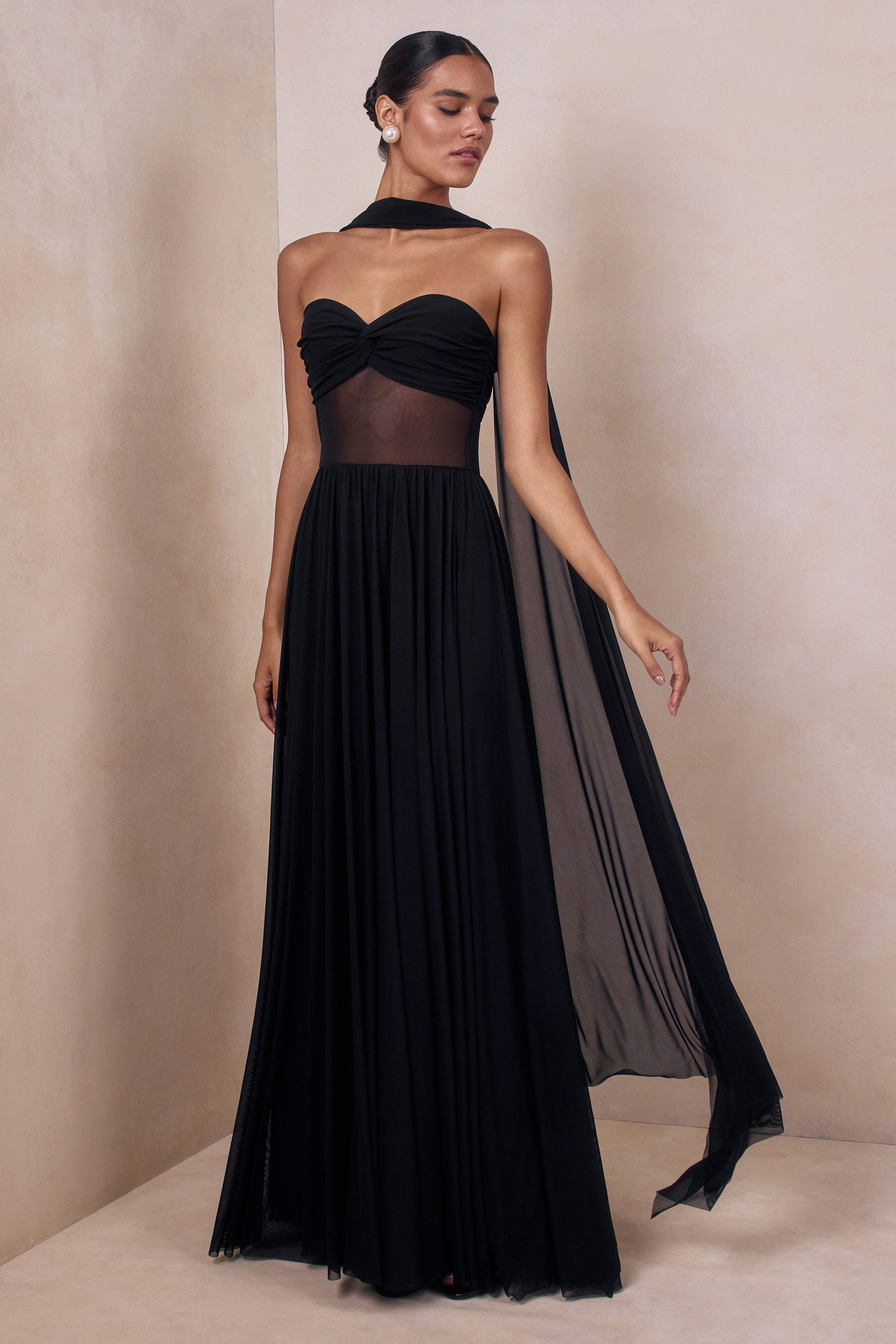 Lyvoria | Black Bandeau Maxi Dress With Mesh-Detail And Scarf