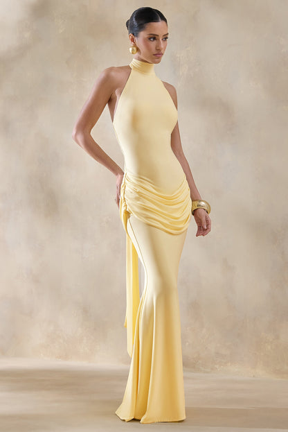 Daisy | Lemon Halter-Neck Maxi Dress With Draped-Detailing