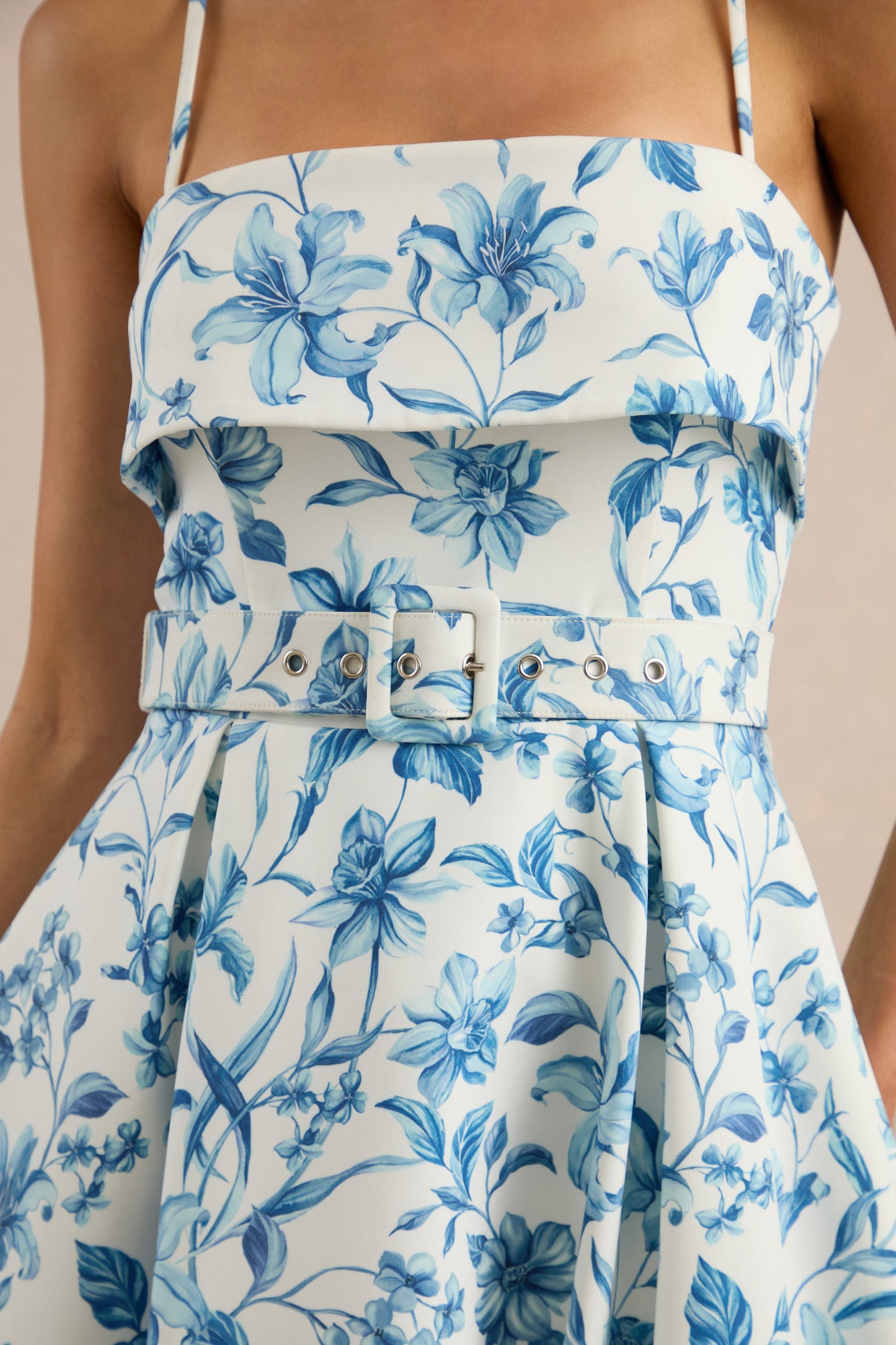 Devina | Blue Porcelain Print Square-Neck Belted Midi-Dress