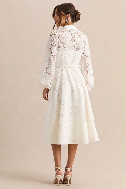 Jules | Cream Broderie High-Neck Tailored Midi Dress With Puff-Sleeves