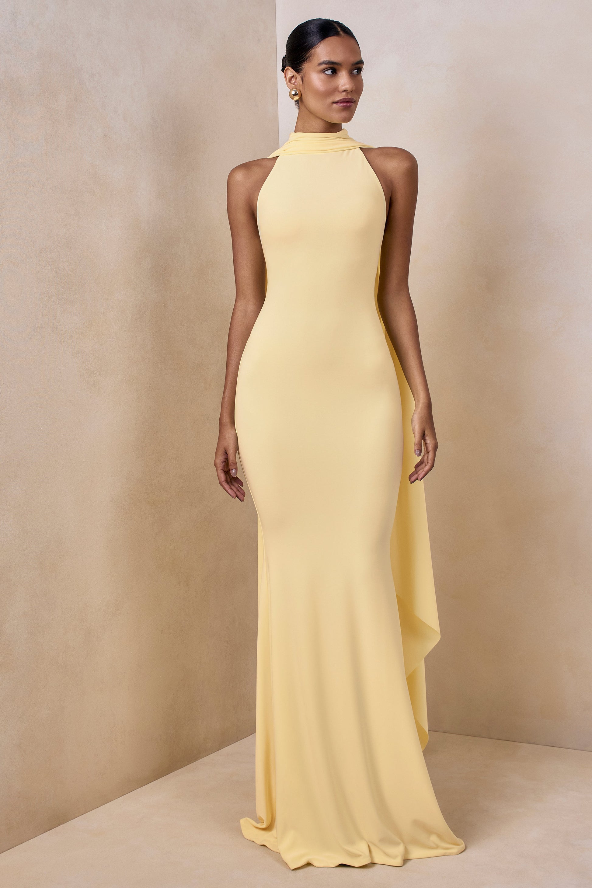 Cordy | Lemon High-Neck Maxi Dress With Cape