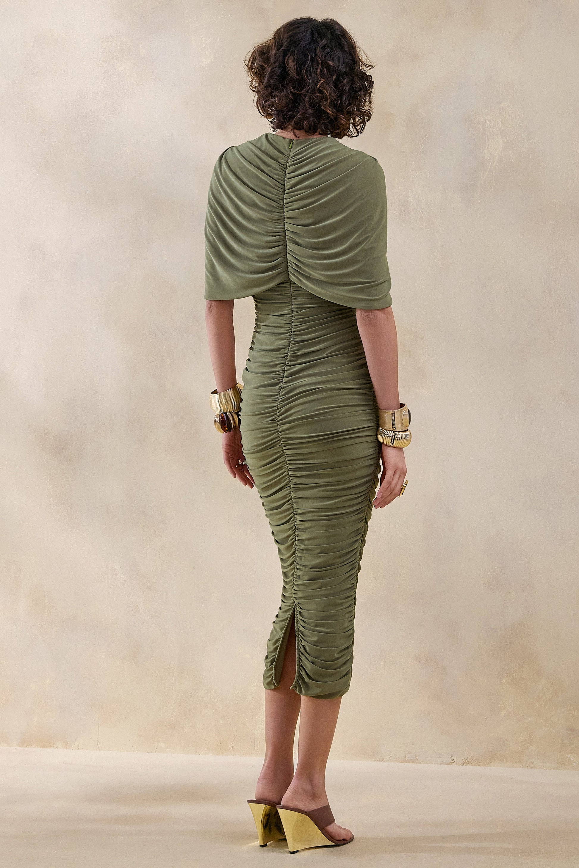 Parisia | Olive Round-Neck Midi Dress With Cape-Detail