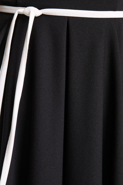 Nataline | Black Round-Neck Midi Dress With White Belt-Detail