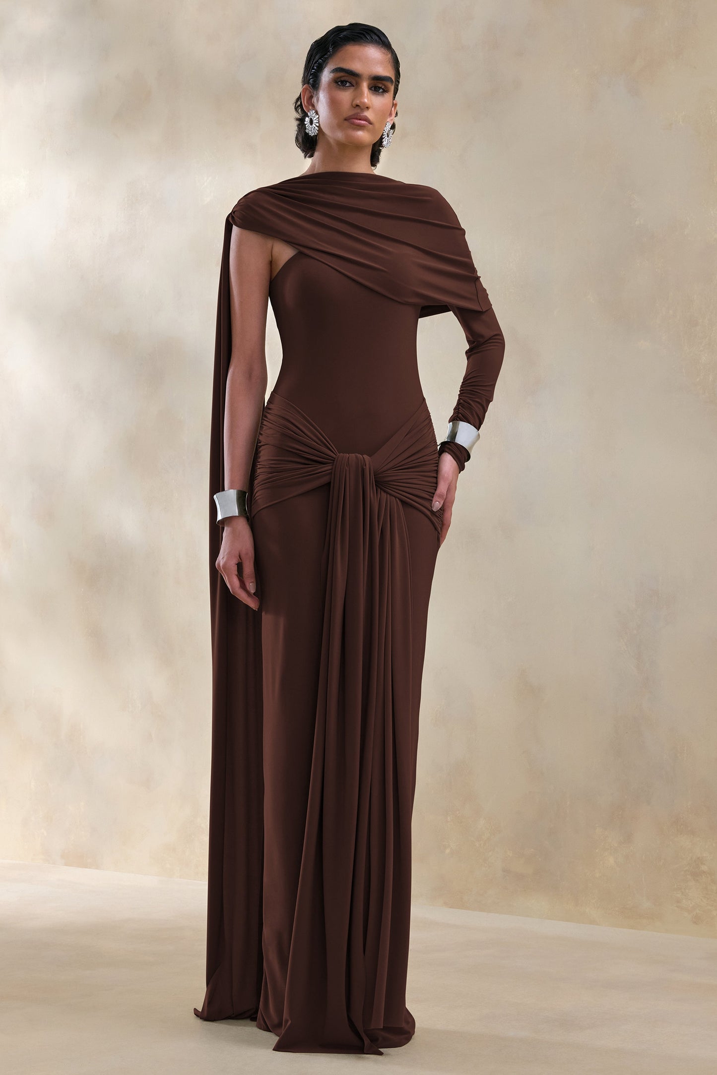 Trisara | Brown Asymmetric-Neck Maxi Dress With Gathered-Detailing And Sash