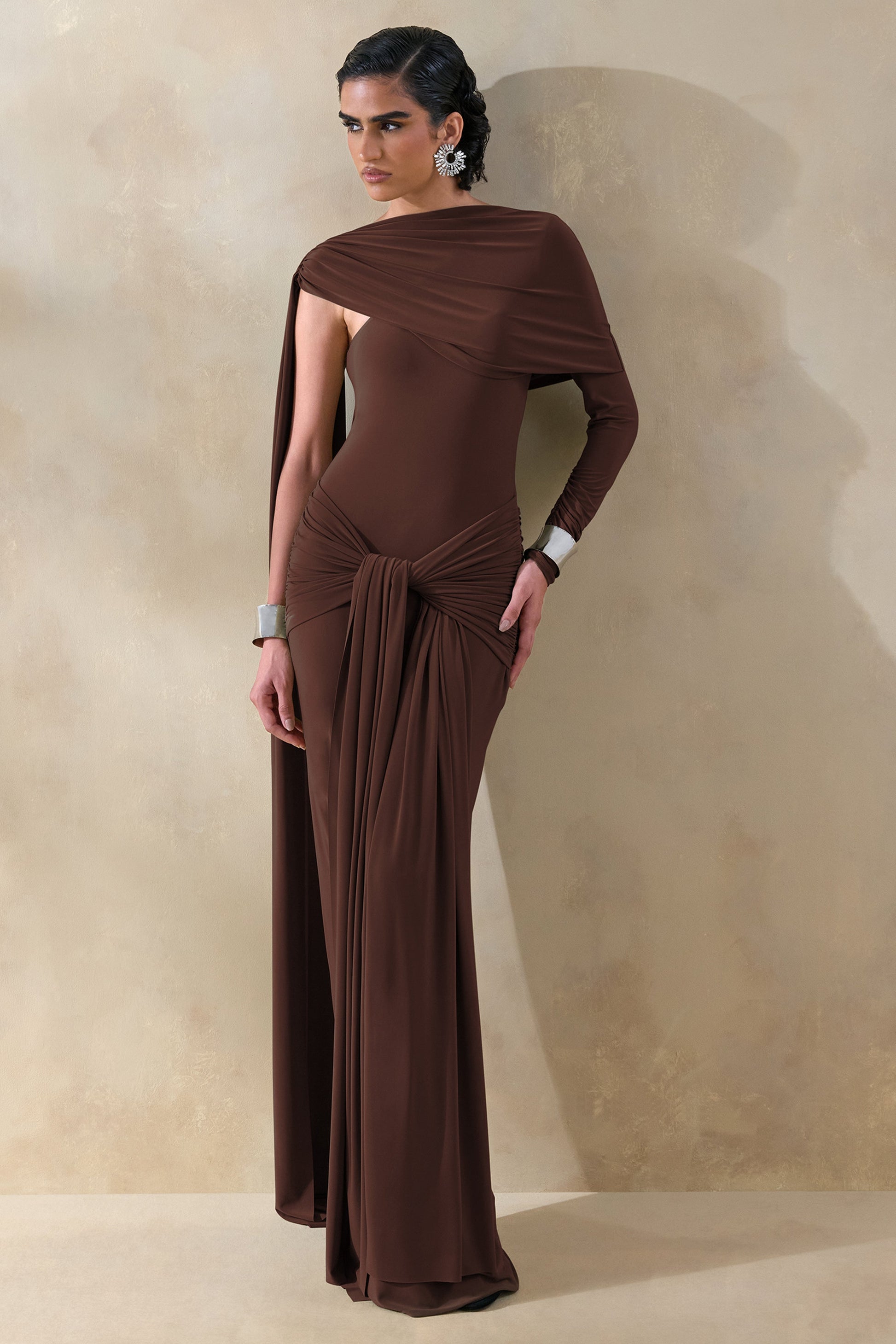 Trisara | Brown Asymmetric-Neck Maxi Dress With Gathered-Detailing And Sash
