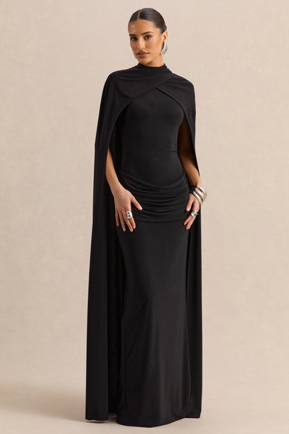 Dianelle | Black High-Neck Maxi Dress With Cape-Sleeves