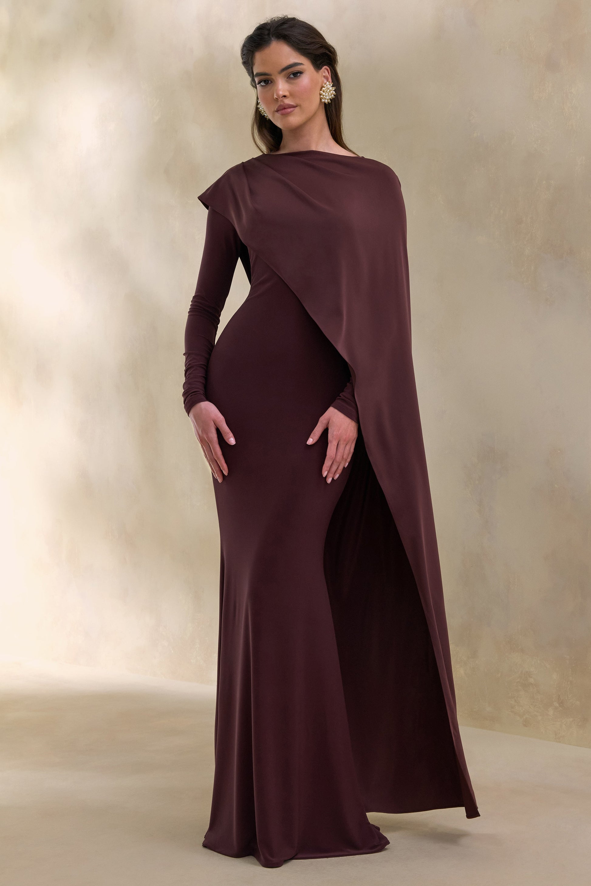 Salenne | Brown Wide-Neck Maxi Dress With Satin Asymmetric-Cape