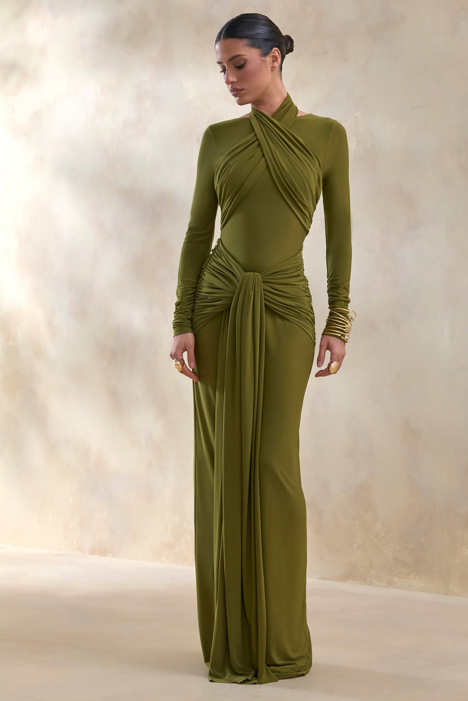 Linessa | Olive High-Neck Maxi Dress With Sash And Gathered-Detailing
