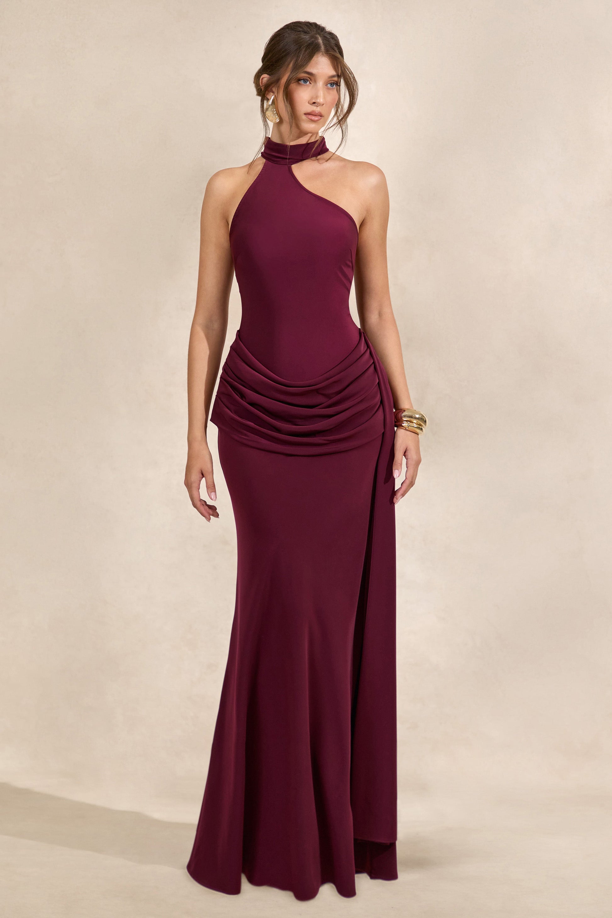 Aevina | Burgundy Satin Asymmetric-Neck Maxi Dress With Scarf-Detail