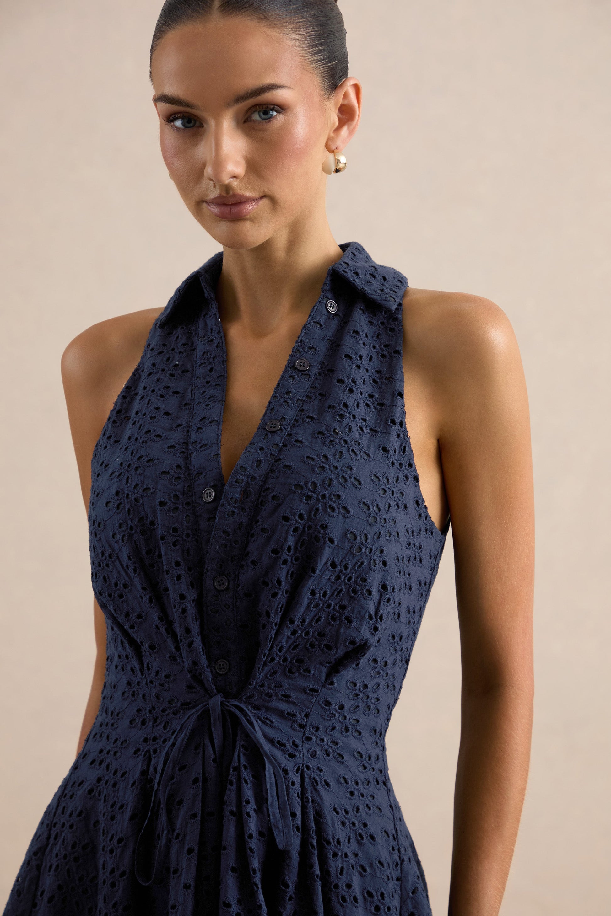 Zyraline | Navy Plunge-Neck Mini Dress With Bow-Detail