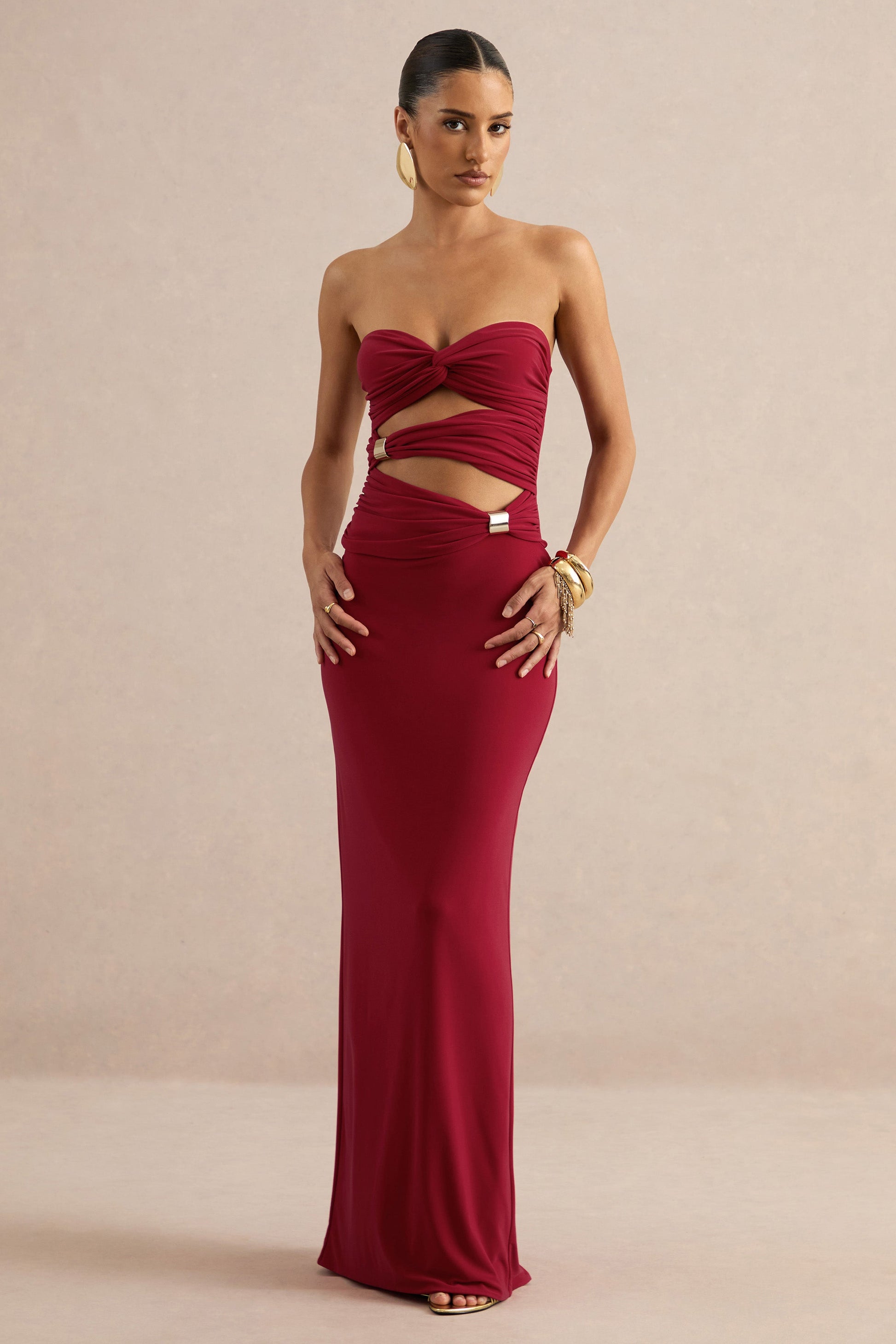 Mireia | Red Bandeau-Neck Maxi Dress With Body Cut-Out And Gold Details