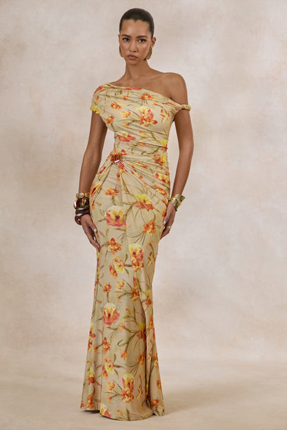 Asiya | Orange Floral Asymmetric-Neck Twist Strap Maxi Dress With Gathered Detailing