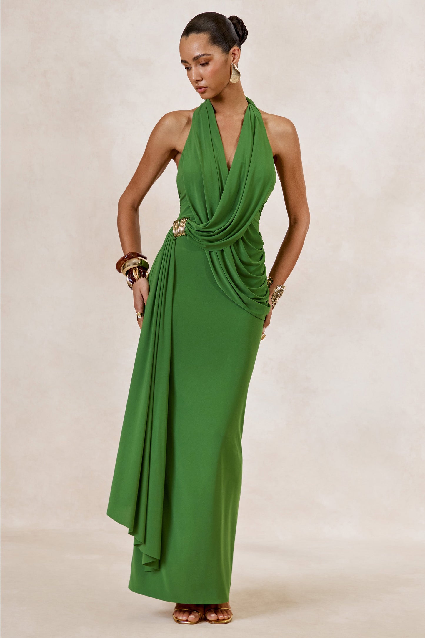 Alisanne | Green Plunge-Neck Maxi Dress With Draped Detailing