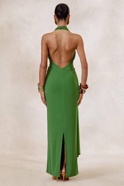 Alisanne | Green Plunge-Neck Maxi Dress With Draped Detailing