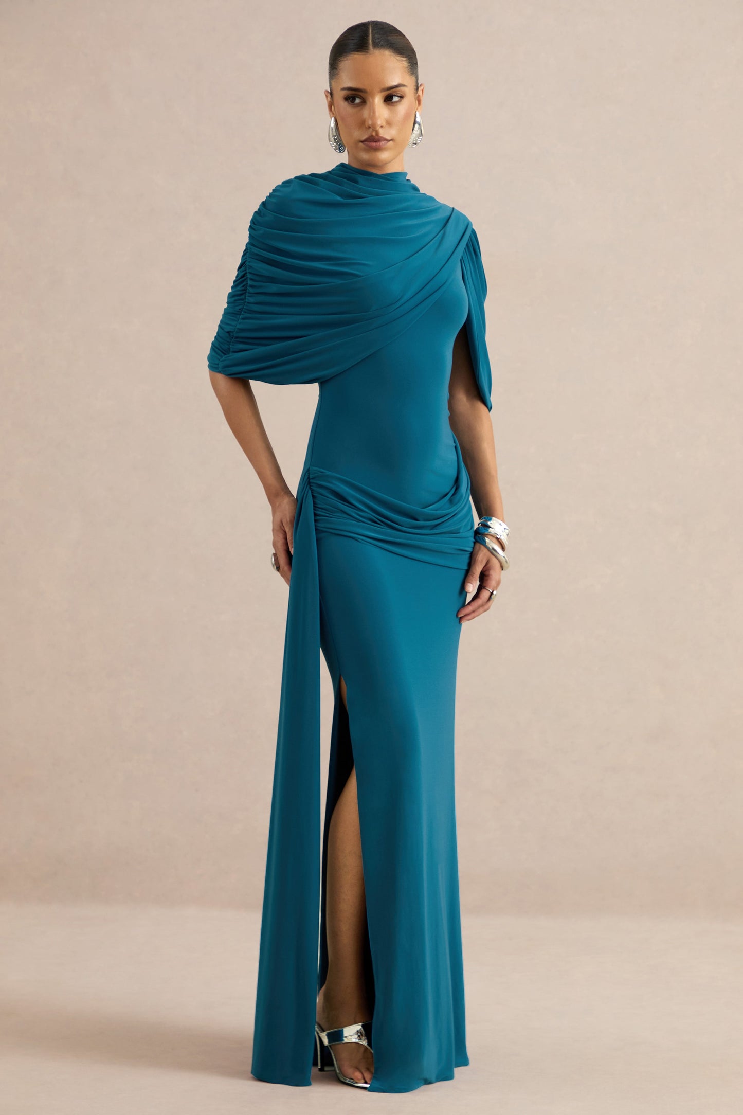 Eleri | Teal High-Neck Maxi Dress With One Short Cape Sleeve And Gathered Detailing