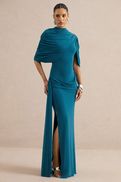 Eleri | Teal High-Neck Maxi Dress With One Short Cape Sleeve And Gathered Detailing