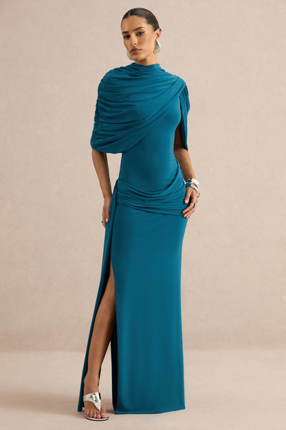 Eleri | Teal High-Neck Maxi Dress With One Short Cape Sleeve And Gathered Detailing