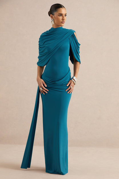 Eleri | Teal High-Neck Maxi Dress With One Short Cape Sleeve And Gathered Detailing