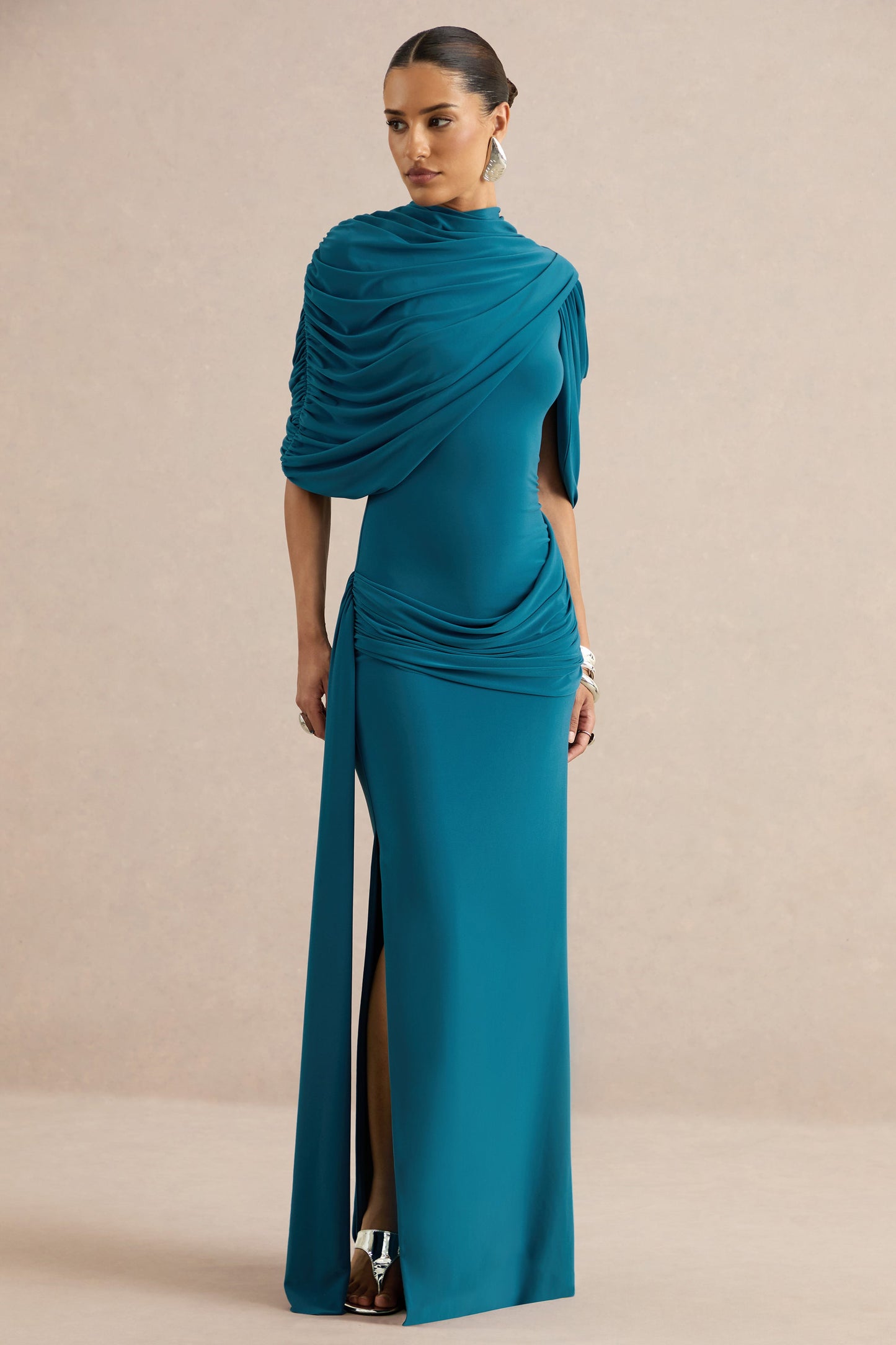 Eleri | Teal High-Neck Maxi Dress With One Short Cape Sleeve And Gathered Detailing