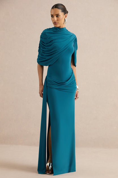 Eleri | Teal High-Neck Maxi Dress With One Short Cape Sleeve And Gathered Detailing