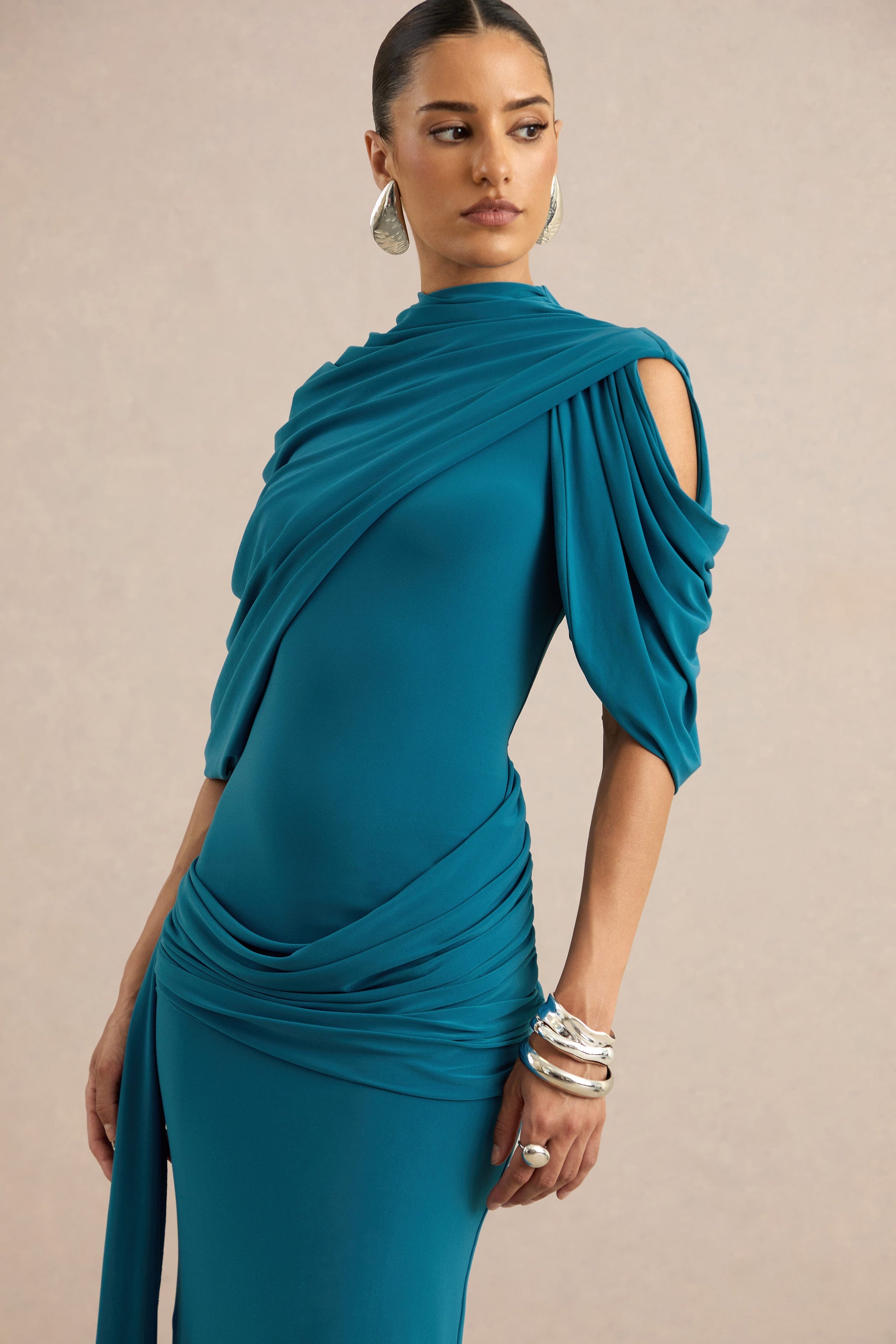Eleri | Teal High-Neck Maxi Dress With One Short Cape Sleeve And Gathered Detailing