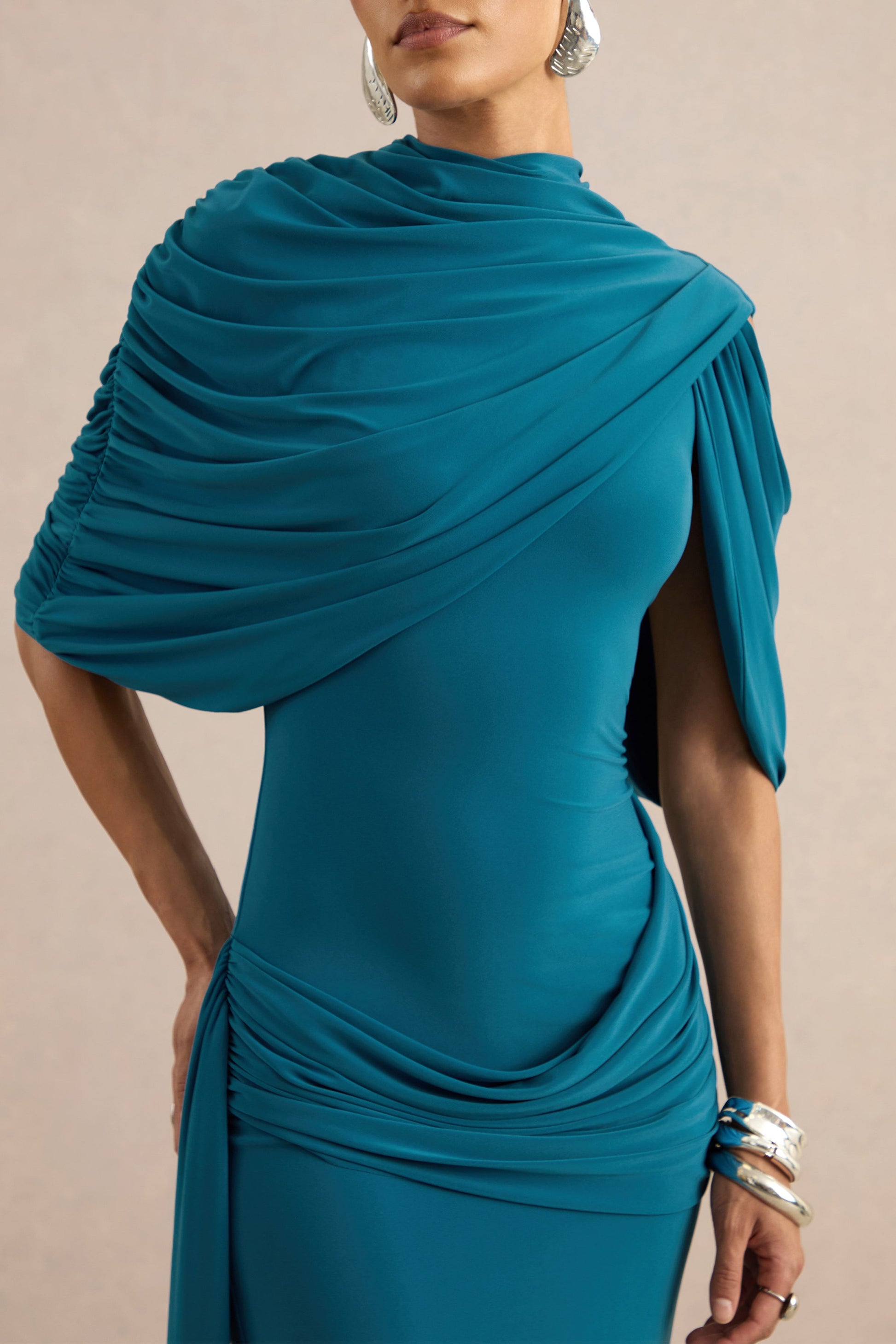 Eleri | Teal High-Neck Maxi Dress With One Short Cape Sleeve And Gathered Detailing