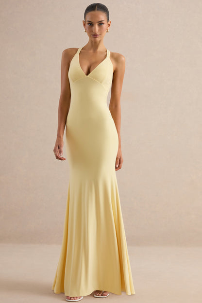 Goldiea | Lemon Halter-Neck Fishtail Maxi Dress