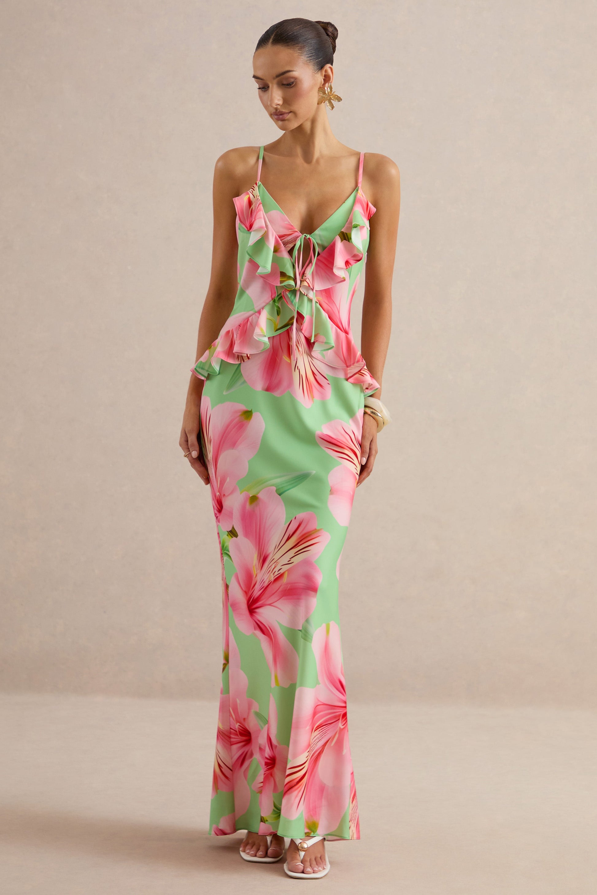 Marlen | Dark Green Floral Print Satin Plunge-Neck Maxi Dress With Ruffled Detailing