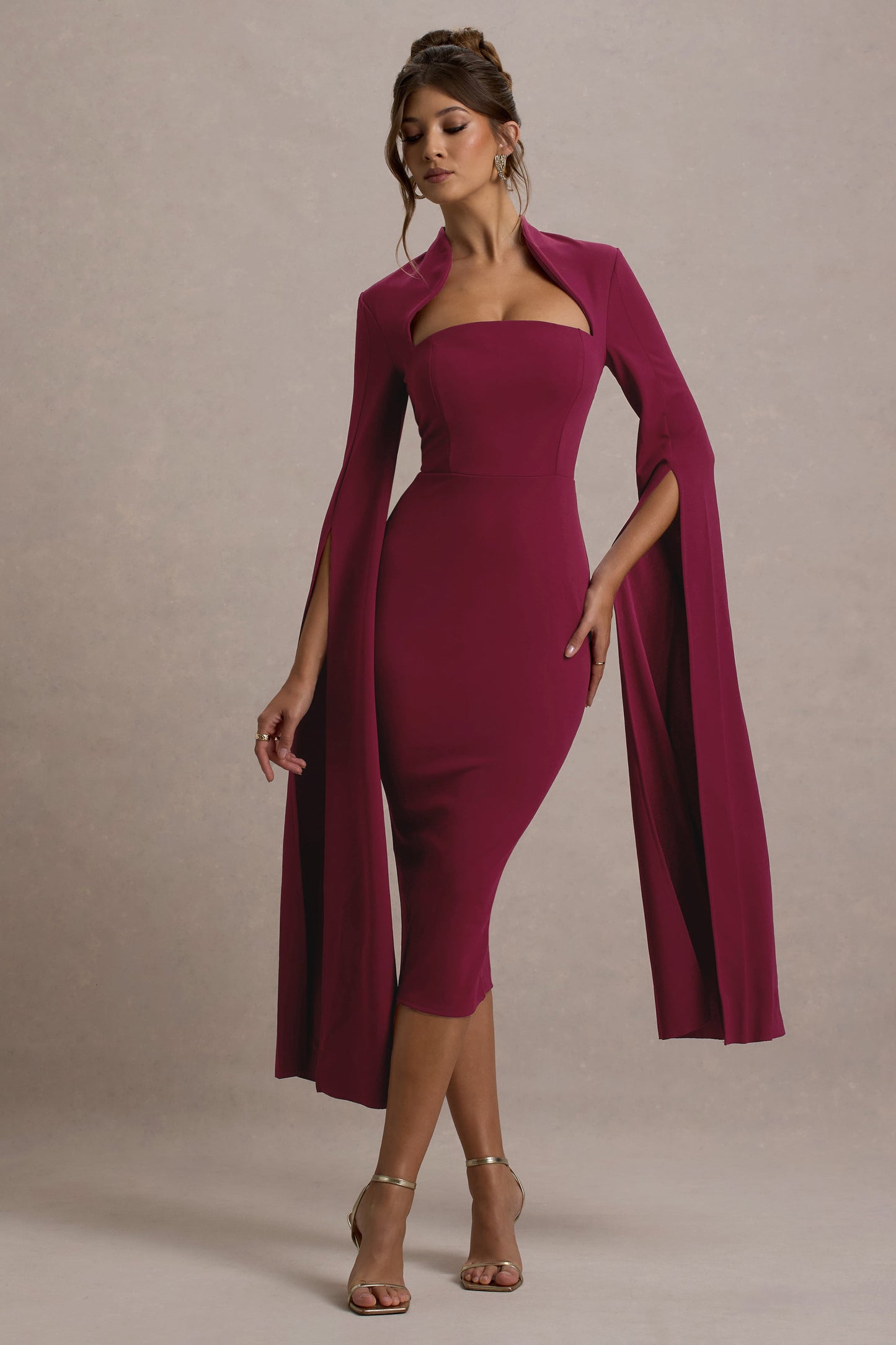 Linden | Berry Fitted Cape-Sleeve Midi Dress