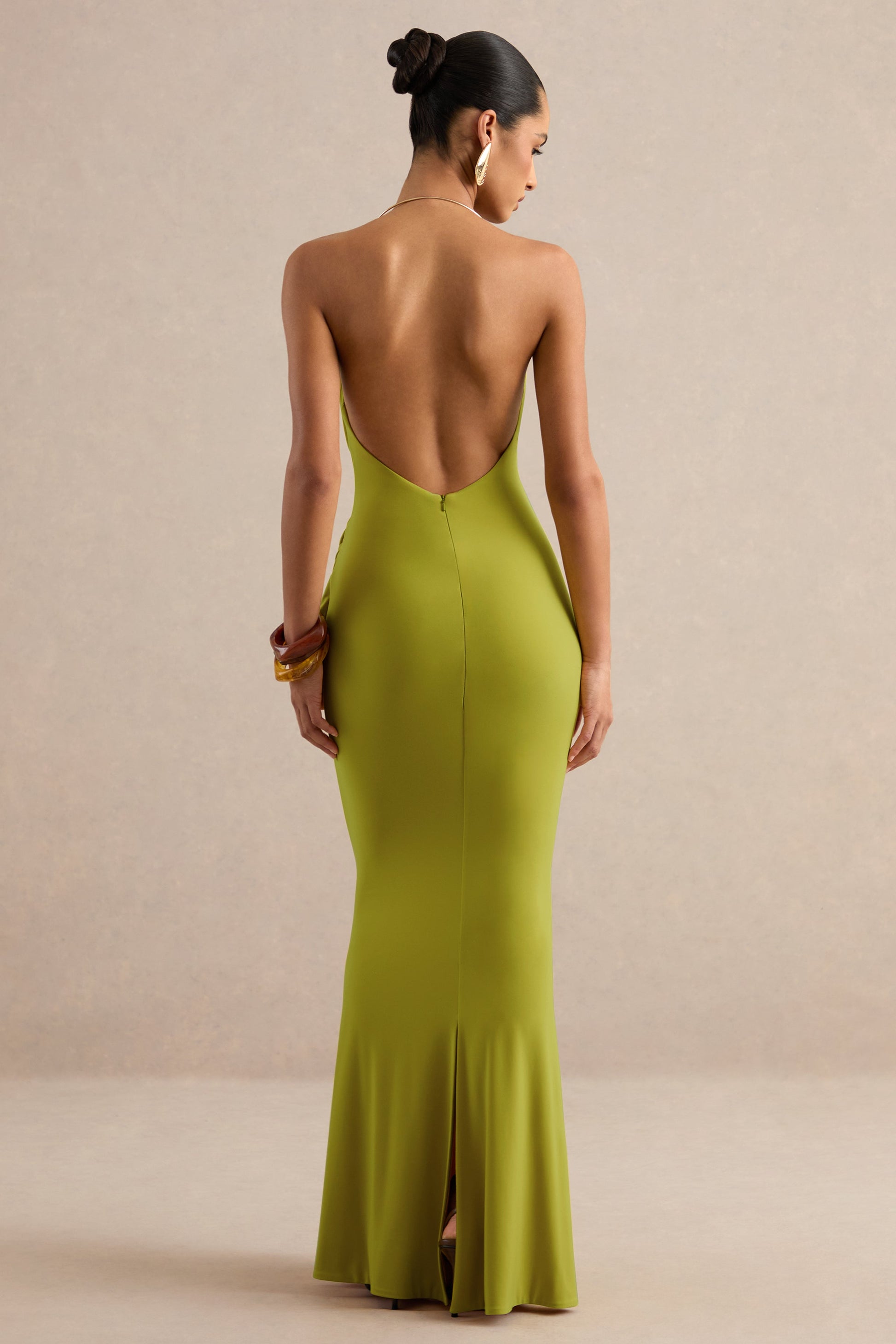 Dinara | Olive Halter-Neck Maxi Dress With Draped Detailing And Gold Detail