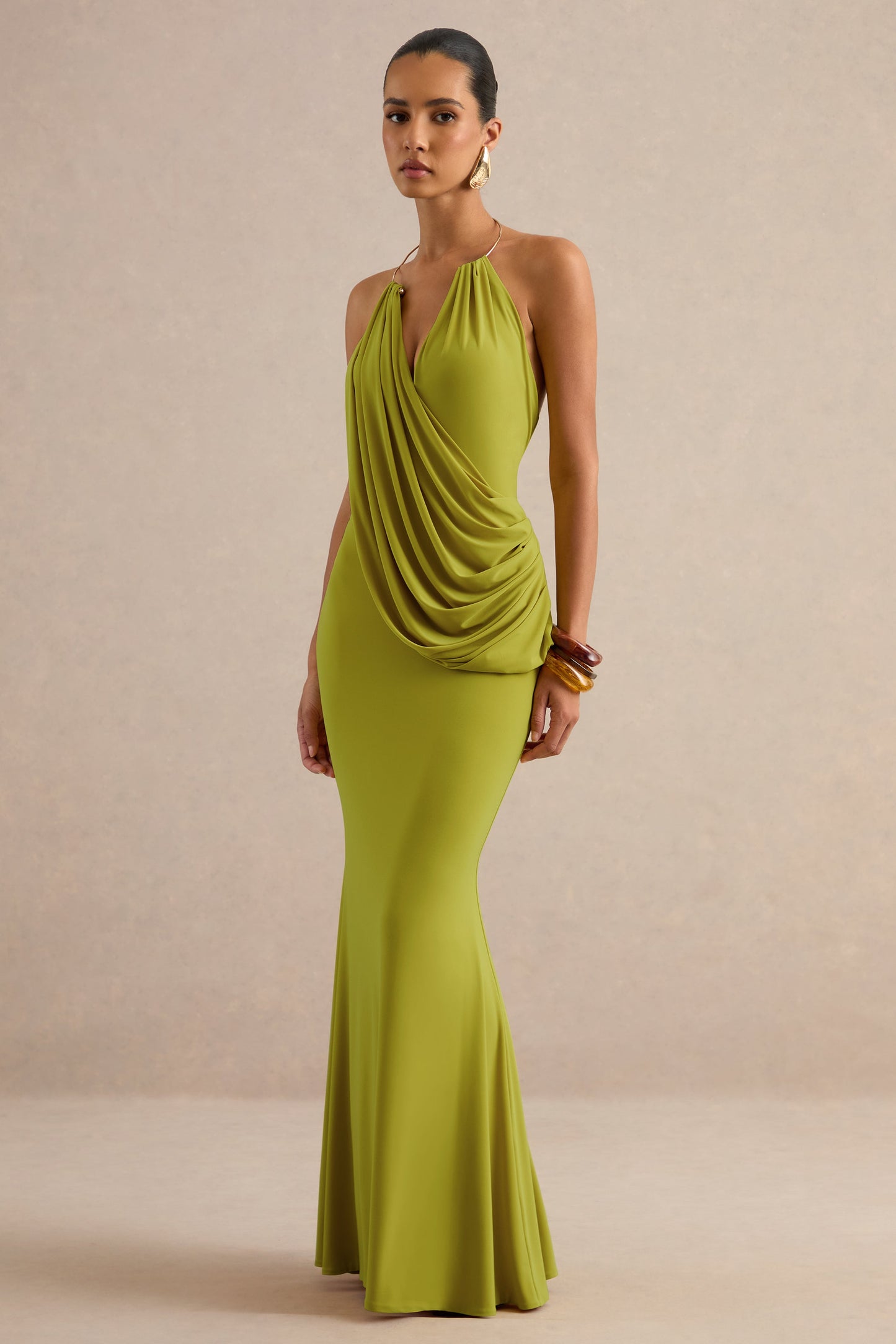 Dinara | Olive Halter-Neck Maxi Dress With Draped Detailing And Gold Detail