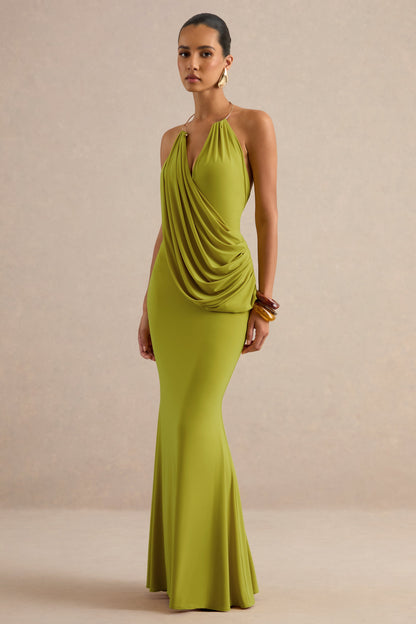 Dinara | Olive Halter-Neck Maxi Dress With Draped Detailing And Gold Detail