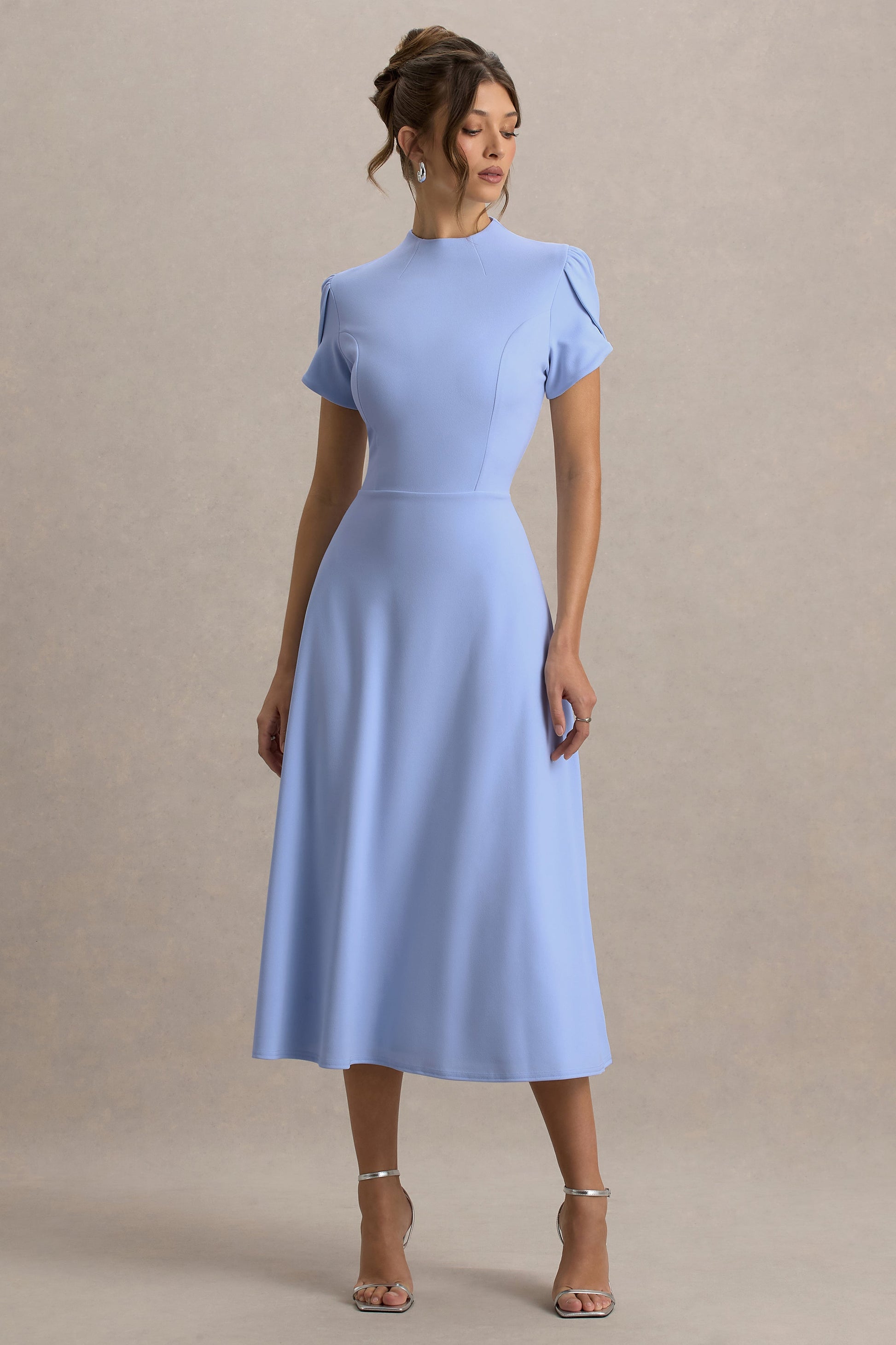 Vicky | Powder Blue High Neck Midi Dress With Puff Sleeves