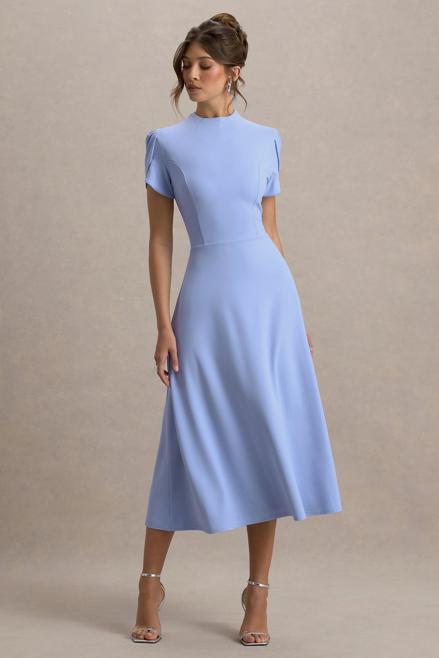 Vicky | Powder Blue High Neck Midi Dress With Puff Sleeves