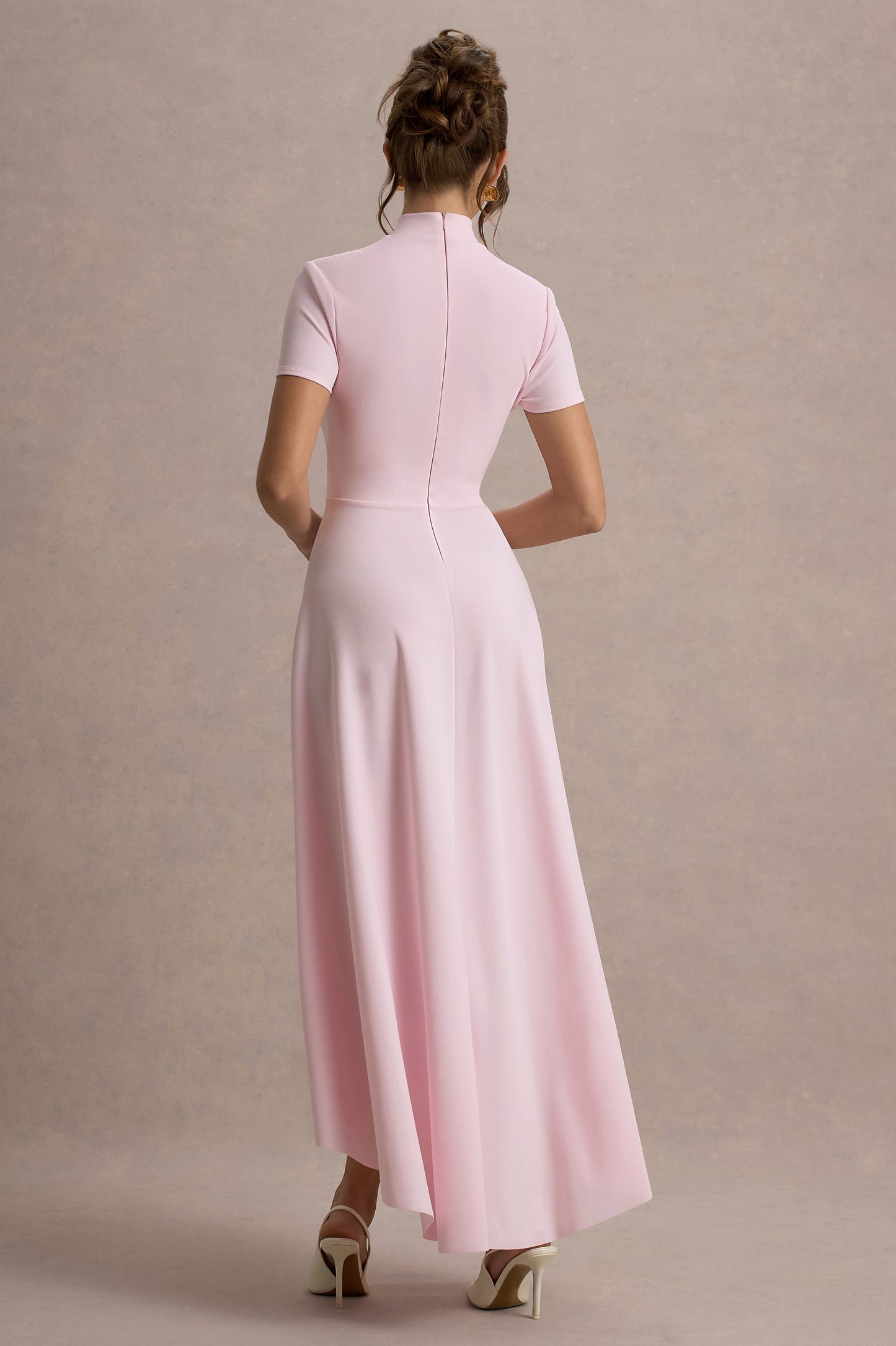 Bellona | Pink High-Neck High-Low Midi Dress