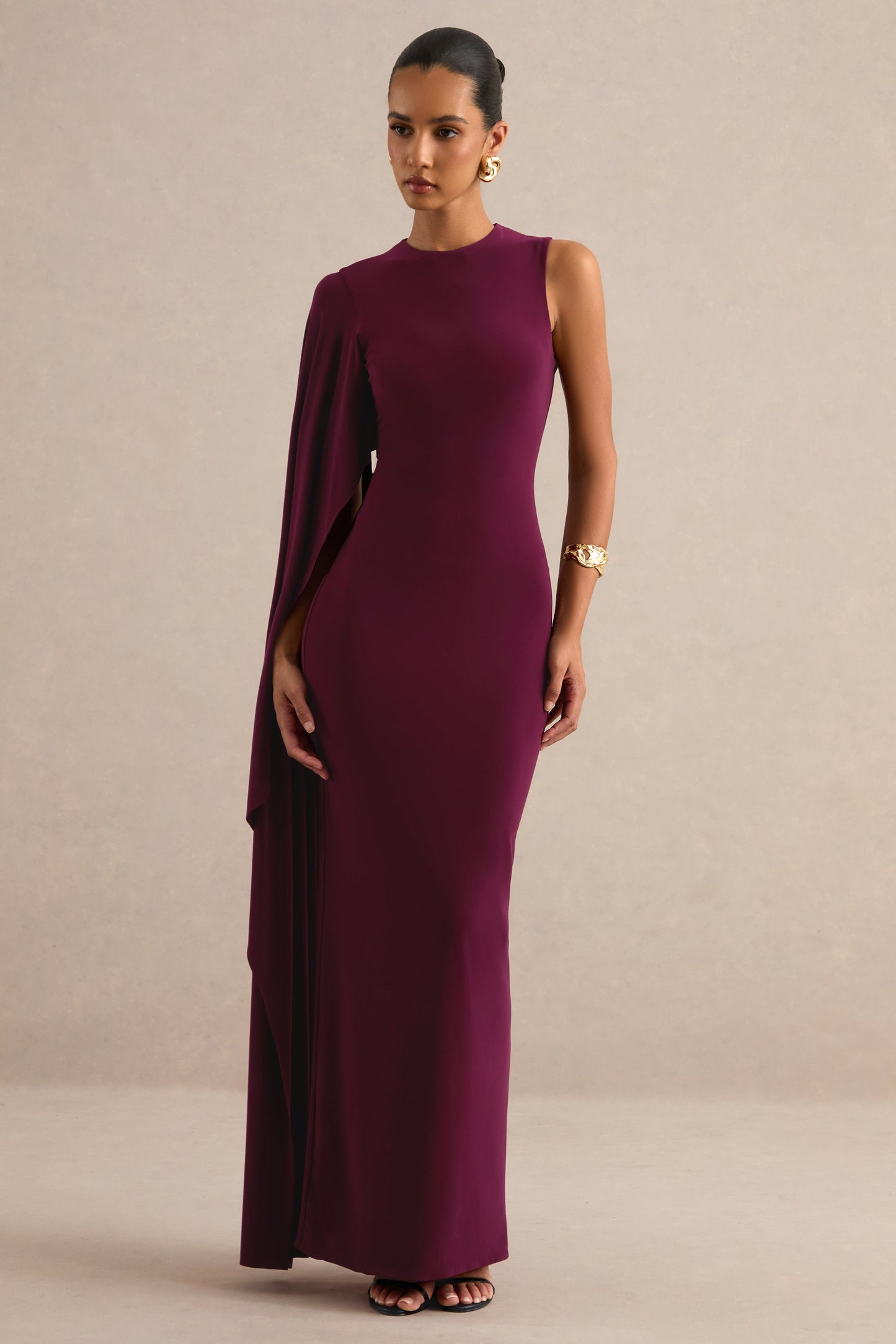 Maravelle | Burgundy Round-Neck Maxi Dress With Cape Sleeve