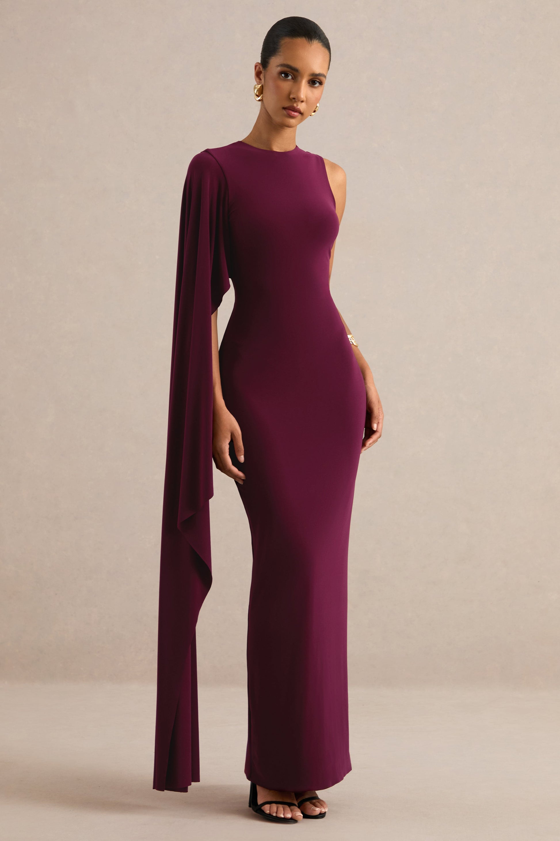 Maravelle | Burgundy Round-Neck Maxi Dress With Cape Sleeve