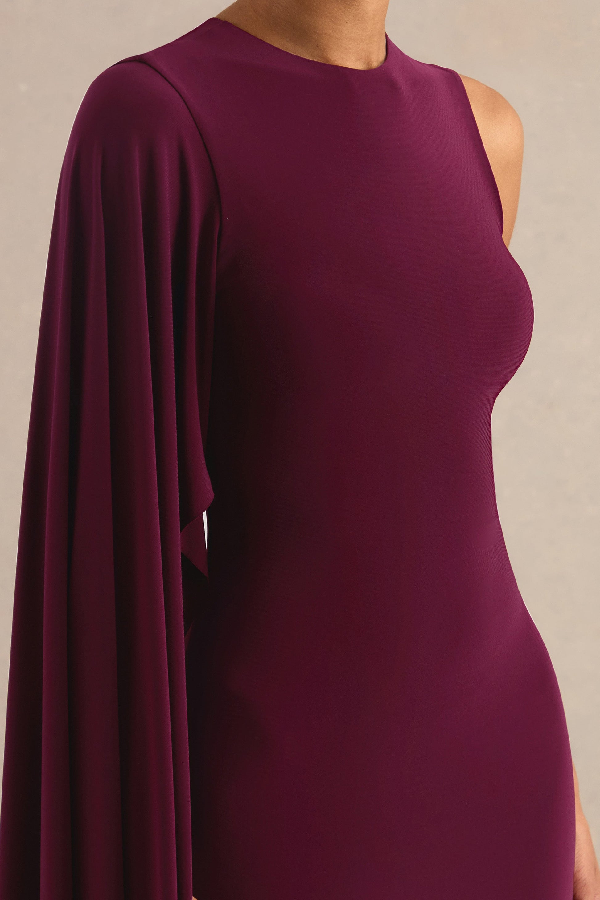 Maravelle | Burgundy Round-Neck Maxi Dress With Cape Sleeve