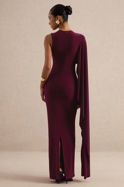 Maravelle | Burgundy Round-Neck Maxi Dress With Cape Sleeve