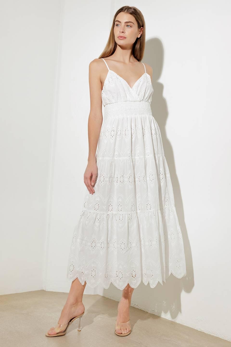 LUMINOUS BLISS EYELET MIDI DRESS