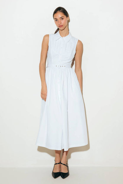 NORTH EAST MIDI White Cotton Pintuck Midi Shirt Dress