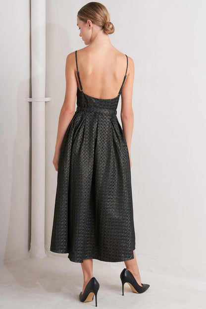 NOIR TAPESTRY NAVY & GOLD MIDI DRESS