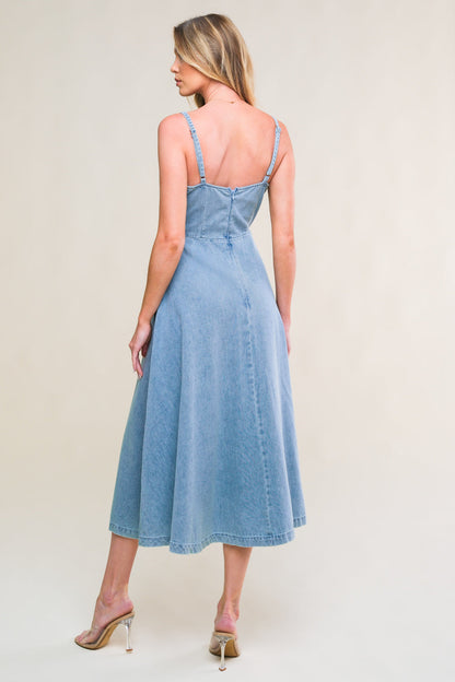 FESTIVAL DAYS FRONT TIE DENIM MIDI DRESS