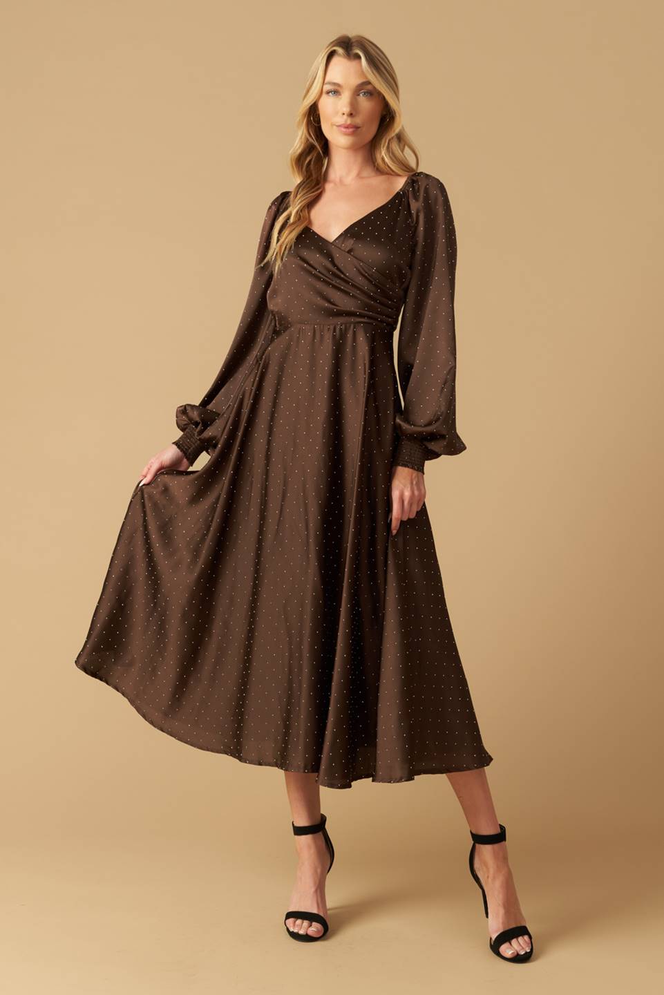 ROMANTIC LOVE BROWN LONG SLEEVE MIDI DRESS