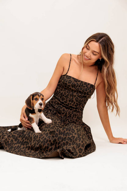 SAVANNAH DARK BROWN MIDI DRESS LEOPARD PRINT