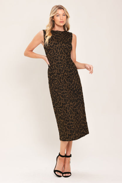 LEOPARD ICON BROWN TWILL MIDI DRESS