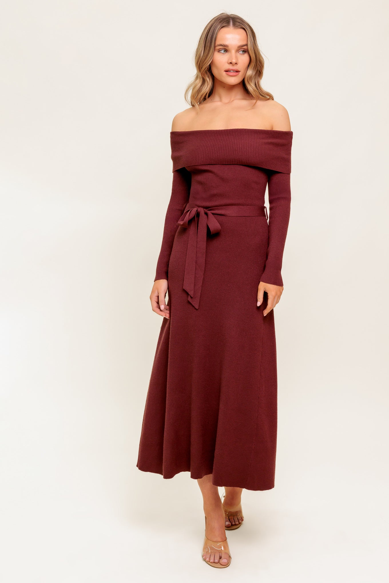RUSTIC RETREAT OFF THE SHOULDER SWEATER DRESS