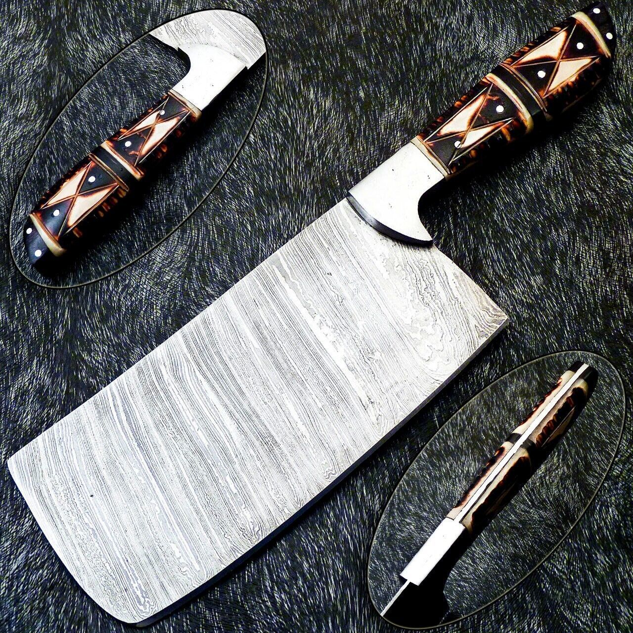 12" Handmade Damascus Steel Chopper Knife | Camel Bone Handle Chef Cleaver