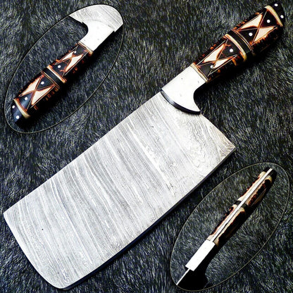 12" Handmade Damascus Steel Chopper Knife | Camel Bone Handle Chef Cleaver