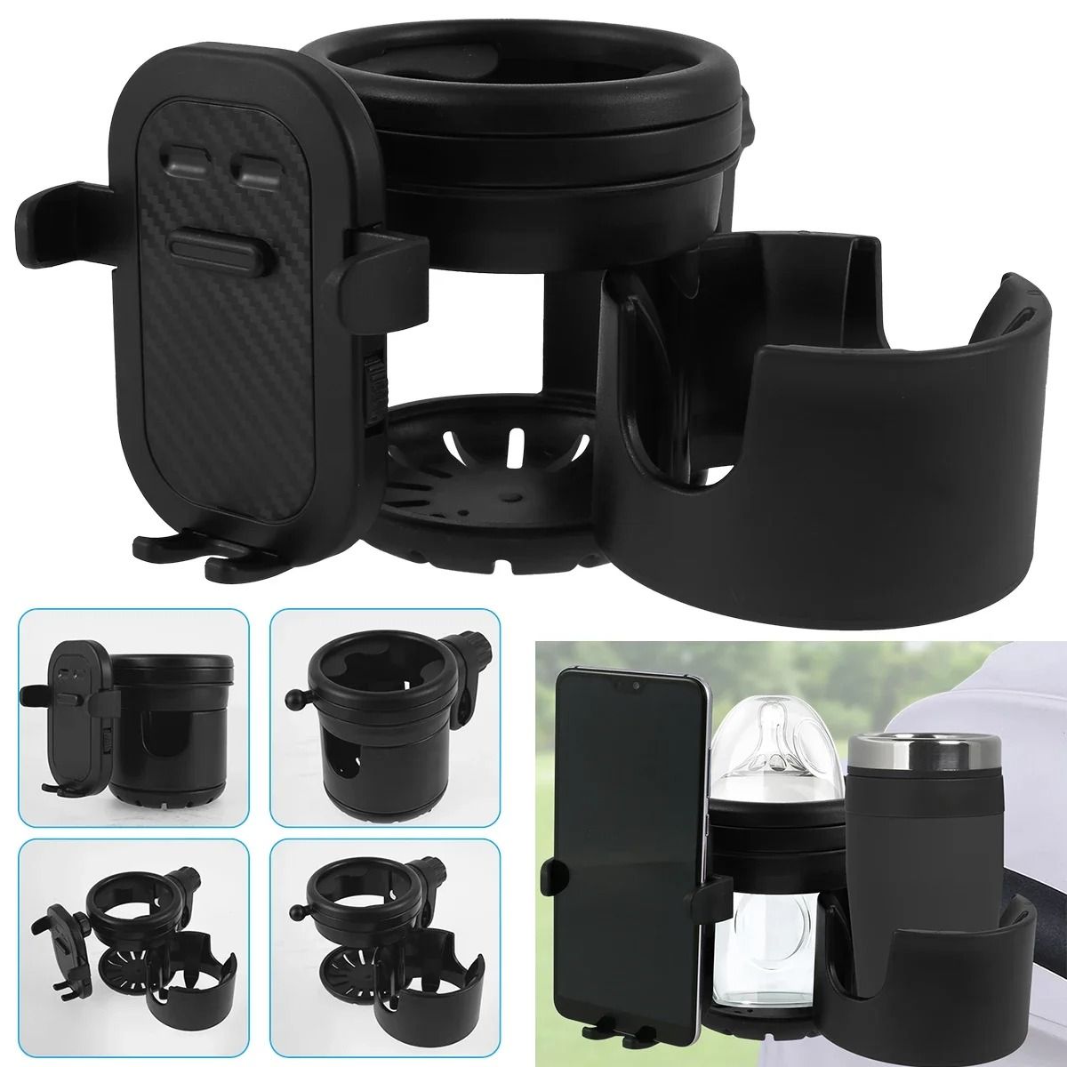 Universal Stroller Cup Holder with 360 Degree Phone Holder Double Hole Organizer Cup Rack